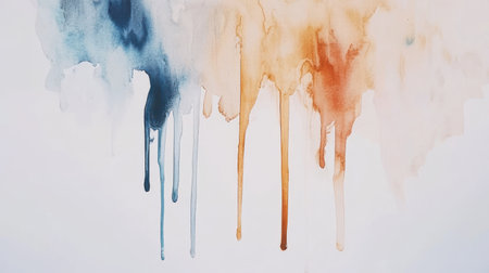Abstract artwork features flowing watercolors in shades of blue and orange, blending seamlessly on a white canvas with distinct drip patterns, evoking a sense of calmness and creativity.の素材
