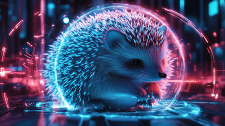 A hedgehog sits quietly amidst a vibrant, futuristic environment illuminated by neon lights and glowing patterns. The scene captures a blend of technology and nature.の素材