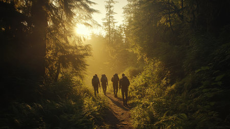Groups of hikers walk along a winding trail in a vibrant forest, illuminated by warm sunlight filtering through the trees. The atmosphere is serene and tranquil.の素材