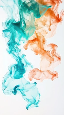 Vibrant swirls of blue and orange smoke blend together, creating an enchanting abstract display against a clean white backdrop, evoking a sense of fluid movement.の素材