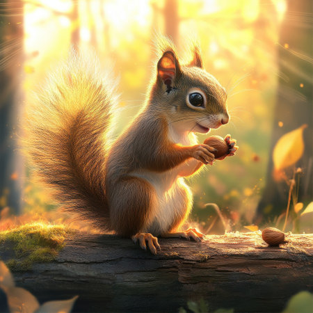 A small squirrel sits on a mossy log, skillfully holding an acorn in its paws. Sunlight filters through the trees, illuminating the vibrant autumn foliage around.の素材