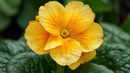 A vibrant yellow flower with intricate petal patterns stands out against lush green foliage, creating a cheerful atmosphere in a garden during the spring season.の素材