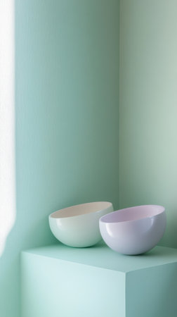 Two simple bowls in soft pastel colors rest on a mint green ledge, illuminated by natural light from a nearby window. The calming colors create a tranquil atmosphere.の素材