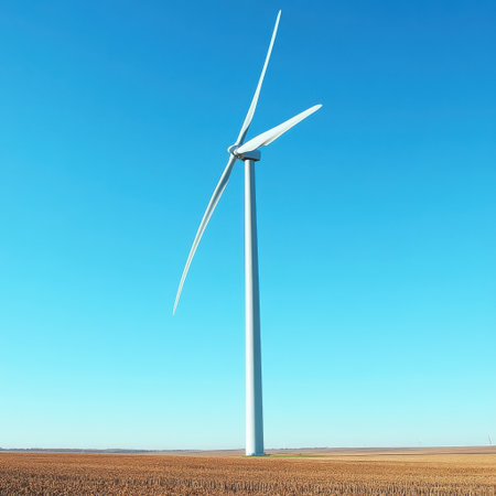 A large wind turbine dominates the open field under a bright blue sky. Its white blades rotate slowly, harnessing wind energy in a serene environment during daylight.の素材