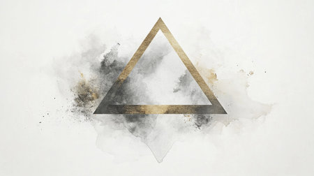 An abstract design features a prominent triangle in gold against a soft, muted watercolor backdrop. The blend compositions elegance with simplicity in modern art.の素材
