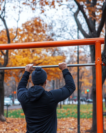 A man is engaged in physical exercise, performing pull-ups on a horizontal bar in a park. Vibrant autumn leaves create a colorful backdrop, indicating a cool season.の素材