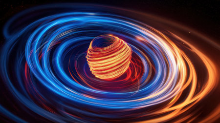 A dynamic display of swirling colors evokes a sense of motion, featuring bold orange and blue hues that intertwine beautifully. This artistic representation suggests an abstract cosmic theme.の素材
