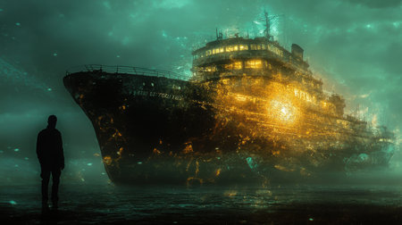 A silhouette stands near dark waters, gazing at a mystical ship glowing with golden light. Fog envelops the scene, creating an eerie yet captivating atmosphere at dusk.の素材