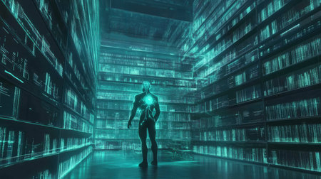 A digital figure stands in a vast library surrounded by luminous data and shelves of glowing books. The setting is futuristic, blending advanced technology with a rich literary atmosphere.の素材