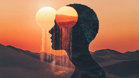 A profile of a person is outlined against a vibrant sunset, featuring two suns suspended above. Water cascades from the silhouette, blending reality with imagination in a desert setting.の素材