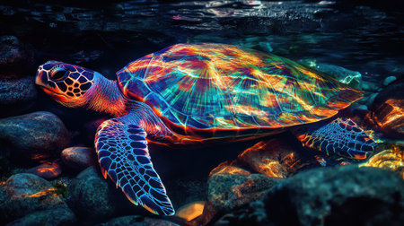 A bright, colorful sea turtle glides gracefully near a rocky underwater landscape. Its shell displays stunning patterns while sunlight filters through the water, creating a mesmerizing effect.の素材