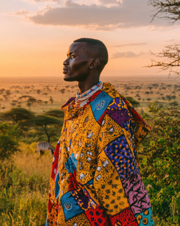A tribesman dressed in colorful attire stands against a stunning sunset, overlooking an expansive savannah filled with wildlife. The horizon glows with warm hues.の素材