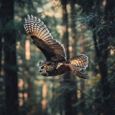 An owl soars gracefully through a serene forest during dusk, its wings spread wide and beautifully patterned feathers catching the fading light.の素材