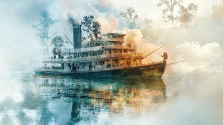 A classic steamboat glides through a foggy river during the early morning hours, creating a serene atmosphere. A solitary figure stands on deck, adding a sense of adventure.の素材