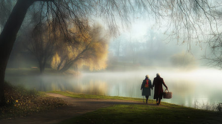 An elderly couple strolls hand in hand along a tranquil lakeside path in early morning fog. They carry a basket and enjoy the serene nature and soft light reflected on the water.の素材