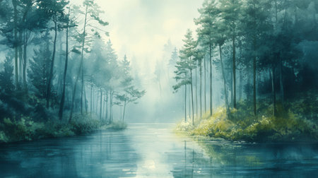 A serene forest scene features tall, lush trees surrounding a calm body of water. The early morning mist creates a peaceful atmosphere, enhancing the natural beauty.の素材