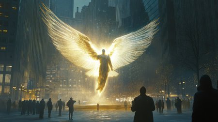 A radiant angel figure with glowing wings stands in a city plaza at twilight, surrounded by a captivated crowd. The ethereal light contrasts against the darkening skyline.の素材