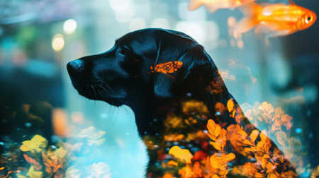 A black Labrador retriever sits peacefully, watching goldfish swim in a lively aquarium filled with bright plants and reflections. The atmosphere is serene and enchanting.の素材