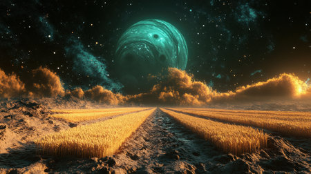 Golden fields stretch across an alien landscape, illuminated by a vibrant starry sky. A massive planet dominates the background, surrounded by swirling clouds, creating a surreal atmosphere.の素材