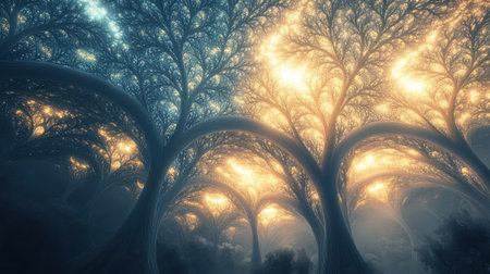 Intricate trees with unique branching patterns create a mysterious atmosphere in a forest during twilight. Glowing light filters through the branches, enhancing the magical feel.の素材