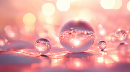 Water droplets reflect a mesmerizing play of light and color, resting on a smooth surface. The soft pastel hues create a dreamy atmosphere during the evening.の素材