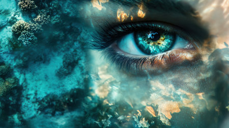 A close-up of an eye with a vivid blue iris reflects vibrant coral reefs and underwater scenes. The image captures the connection between the human gaze and marine beauty.の素材