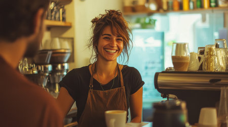A cheerful barista serves coffee to a customer in a warm cafe. The inviting atmosphere is filled with natural light, highlighting the friendly interaction between them.の素材
