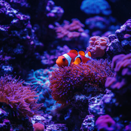A lively clownfish swims playfully among brilliant coral formations in an underwater aquatic habitat. The scene showcases the colorful marine life and rich biodiversity.の素材