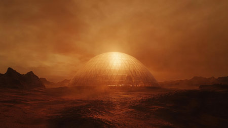 A large, geodesic dome glows warmly as the sun sets behind it on the reddish terrain of Mars. The landscape features rocky formations under a hazy, atmospheric sky.の素材
