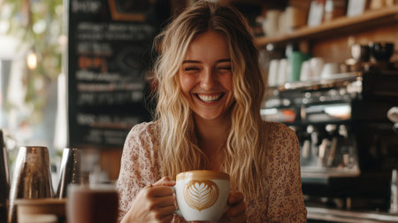 A barista with long hair smiles joyfully while holding a beautifully crafted cup of coffee in a charming cafe filled with warm light and rustic decor.の素材