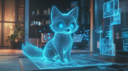 A small fox appears as a hologram in a contemporary room, glowing with blue light. It sits on a digital blueprint, surrounded by floating data visualizations in a cozy environment.の素材