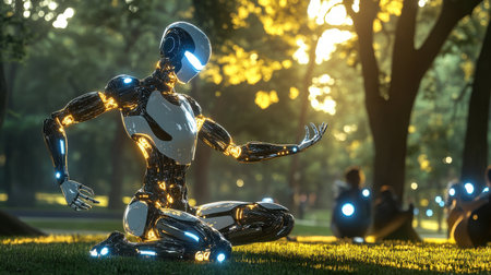 A futuristic robot sits in a meditative pose on grass in a park at sunset. Its glowing features reflect the warm, golden light filtering through the trees, creating a calming atmosphere.の素材