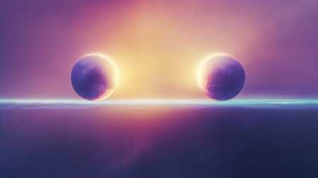 Two vibrant celestial spheres create a stunning visual contrast against a soft, ethereal background filled with dynamic colors. The scene depicts an awesome-inspiring cosmic event.の素材