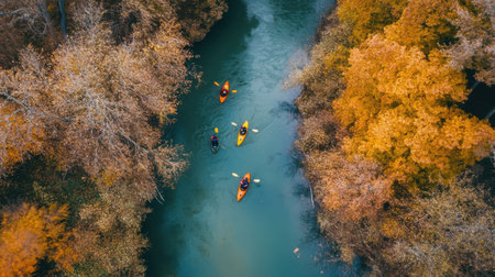 Four kayakers glide through a serene river surrounded by vibrant autumn foliage. The water reflects the colorful leaves, creating a picturesque natural scene.の素材