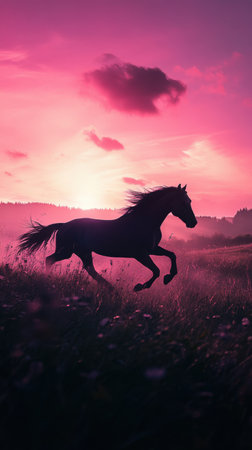 A horse gallops freely across a grassy field, silhouetted against a stunning sunset. The sky is filled with rich pink and purple hues, creating a serene atmosphere.の素材