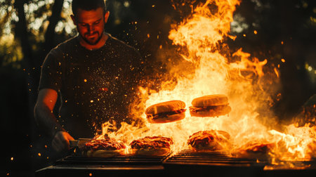 A person is skillfully grilling hamburgers over a barbecue, surrounded by vibrant flames, creating an energetic atmosphere during a summer cookout.の素材