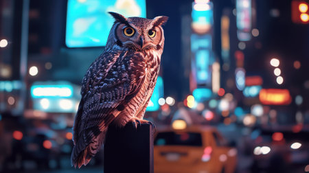 A majestic owl stands on a street post in a bustling city at night, surrounded by vibrant neon lights and the blurred movement of traffic.の素材