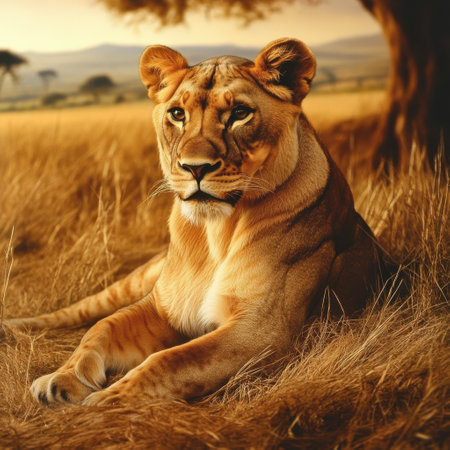 A lioness sits gracefully amidst tall golden grass, illuminated by the warm glow of sunset. This serene moment captures the beauty of wildlife in the African savanna.の素材