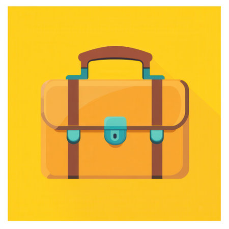 A bright yellow briefcase with blue handles and accents sits against a vivid background. Suitable for business or travel, it features a secure clasp and a stylish design.の素材