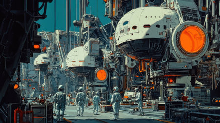 A bustling space station showcases astronauts in sleek suits near advanced spacecraft with glowing orange engines.の素材