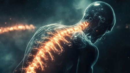 An artistic representation shows a translucent human figure with a glowing spine. Energy flows along the vertebrae, creating a captivating visual effect in a dark environment.の素材