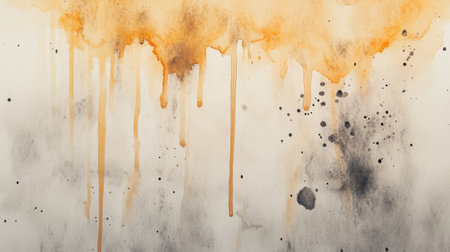This artwork features an abstract design with flowing orange drips and black splatters on a textured surface. The colors blend harmoniously, creating a modern aesthetic.の素材