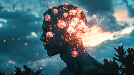 A creative representation of a person with a floral pattern merging into their profile. The backdrop features an overcast sky with hints of warmth, suggesting a transition from day to night.の素材