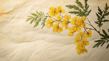 Springtime blooms feature bright yellow flowers accompanied by lush green leaves set against a textured cream backdrop, highlighting natural beauty and elegance.の素材