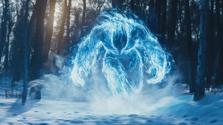 A mystical blue creature appears in a snowy forest, surrounded by trees. The scene captures an ethereal glow, creating an enchanting atmosphere filled with wonder.の素材