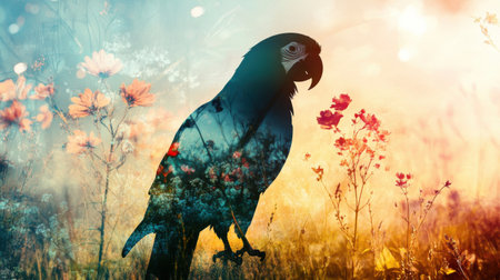 A striking parrot silhouette stands out amidst a field of wildflowers, illuminated by a warm sunset. The scene captures the beauty of nature and tranquility.の素材