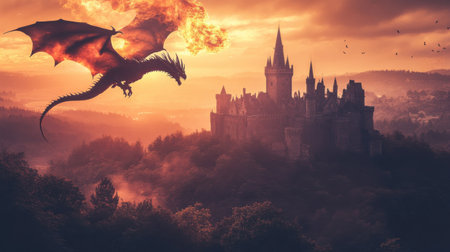 A powerful dragon flies above a medieval castle surrounded by lush forests during a stunning sunset. The beast's fiery breath lights up the twilight sky, creating a dramatic atmosphere.の素材