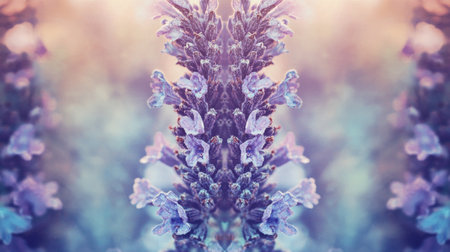 Delicate lavender flowers stand tall, absorbing warm sunlight in a tranquil garden. The soft colors create a peaceful ambiance, highlighting nature's beauty in the early morning.の素材