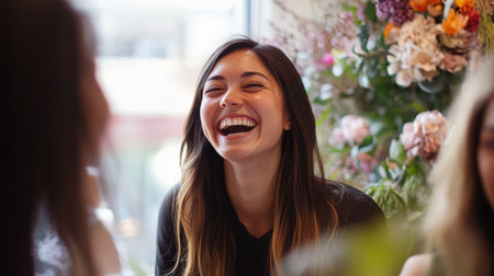 A woman with long hair is laughing heartily in a bustling cafe adorned with beautiful flower arrangements. The atmosphere is cheerful as friends enjoy their time together.の素材