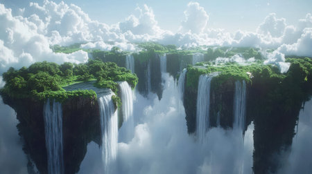 Lush green islands hover above a sea of clouds, with cascading waterfalls flowing into mist beneath. The vibrant landscape captures a sense of tranquility and wonder.の素材